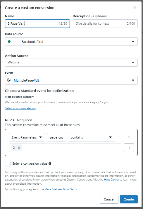 Facebook Ads Manager custom conversion creation dialog showing 2+ Page Visit conversion with MultiplePageVisit event and page_count parameter rule
