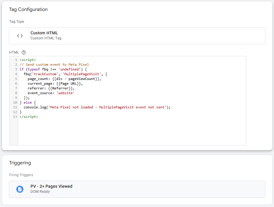 Google Tag Manager custom HTML tag configuration showing Facebook Pixel code for MultiplePageVisit event with page count parameters