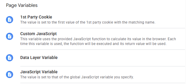 Google Tag Manager variable types menu showing Data Layer Variable option selected among other variable types