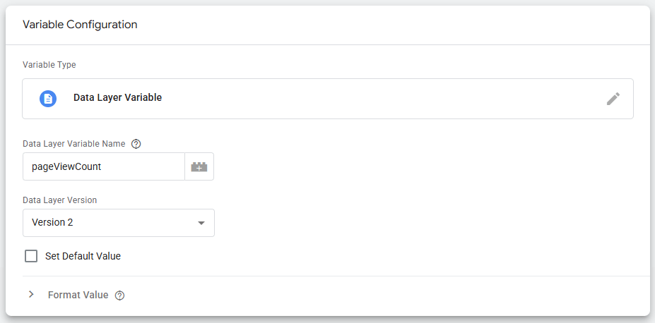 Google Tag Manager Data Layer Variable configuration for pageViewCount with Version 2 setting