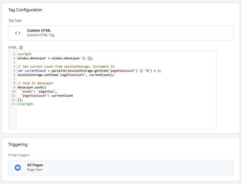 Google Tag Manager custom HTML tag showing JavaScript code for session-based page view counting with All Pages trigger