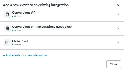 Add new event dialog box showing three integration options: Conversions API, Conversions API Integrations (Lead Ads), and Meta Pixel with expandable arrows