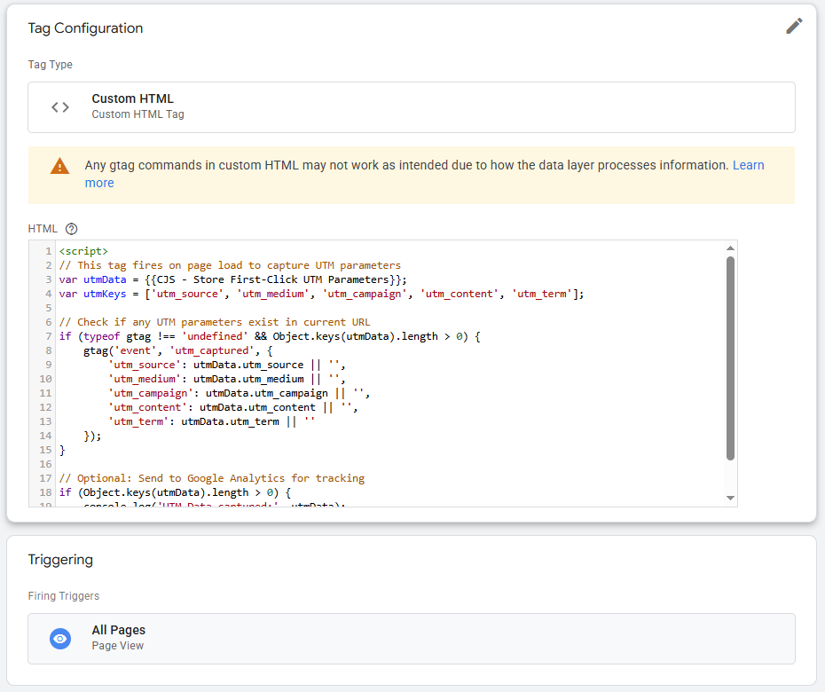 GTM Custom HTML tag showing JavaScript code to capture and store first-click UTM parameters in localStorage on all pages