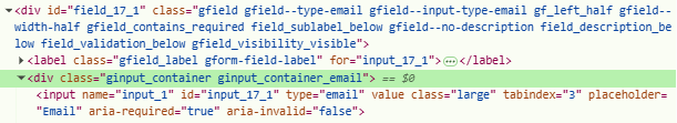 HTML form field inspection showing email input element with highlighted name attribute 'input_1' and various field properties like type, class, and validation settings