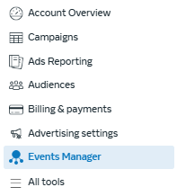 Meta Business Manager navigation menu with Events Manager highlighted in blue, showing other options like Campaigns, Ads Reporting, and Audiences