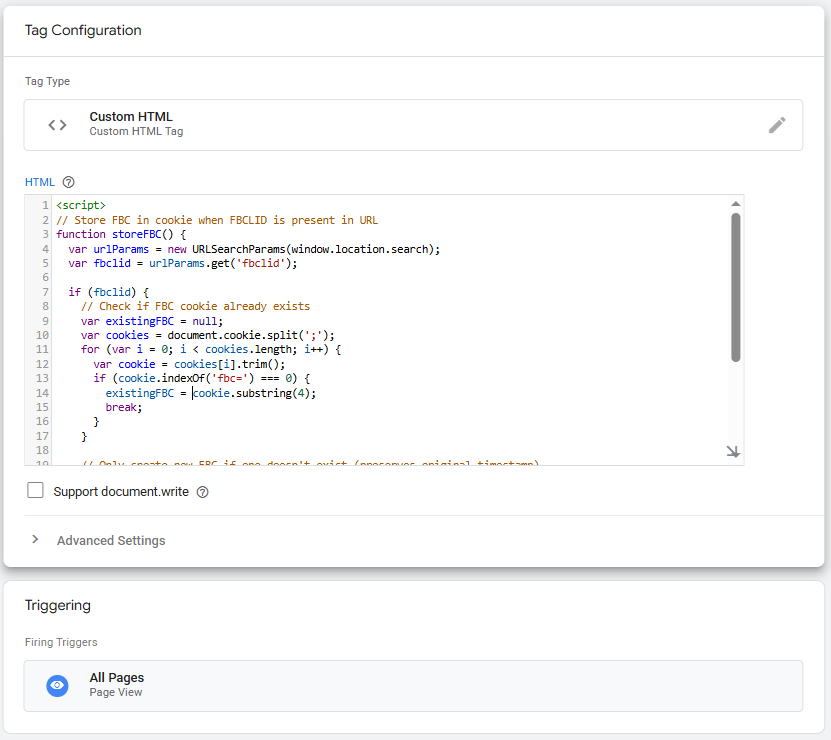 Google Tag Manager Custom HTML tag showing JavaScript code for storing Facebook Click ID (FBC) in cookies with FBCLID parameter extraction and formatting