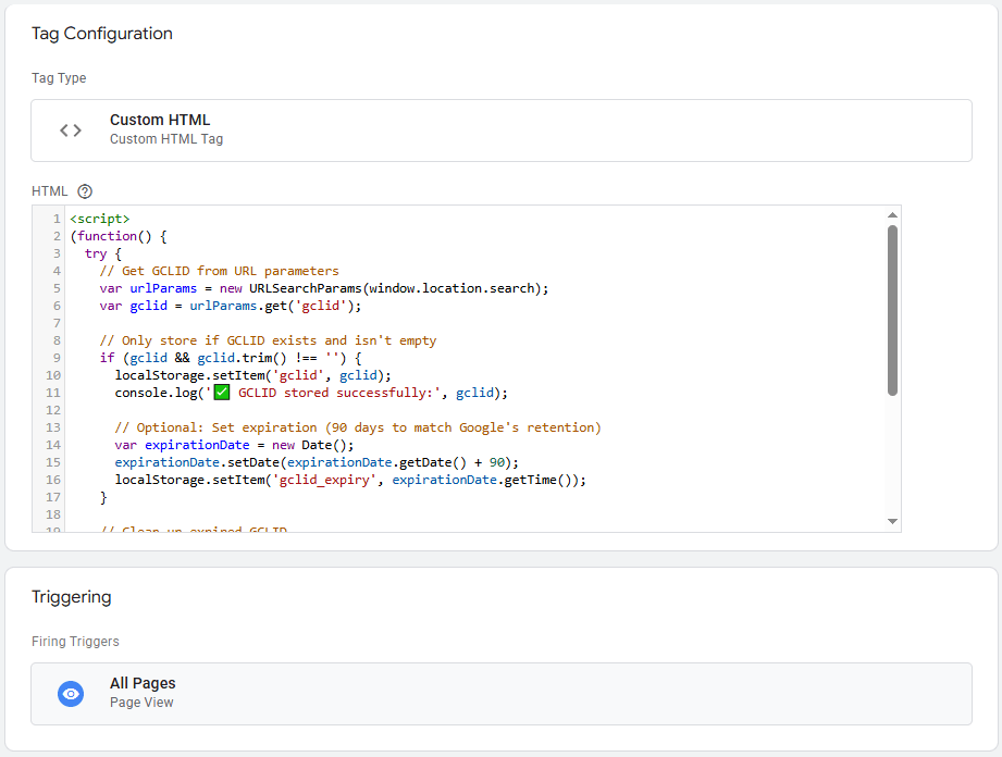 Google Tag Manager custom HTML tag with JavaScript code to store GCLID in localStorage, triggered on all pages