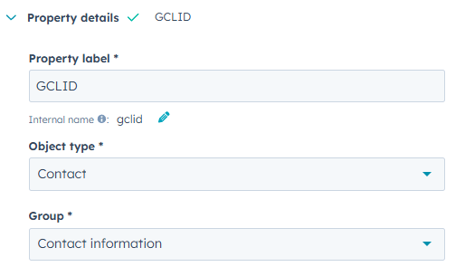 HubSpot CRM custom property setup for GCLID field with Contact object type and Contact information group
