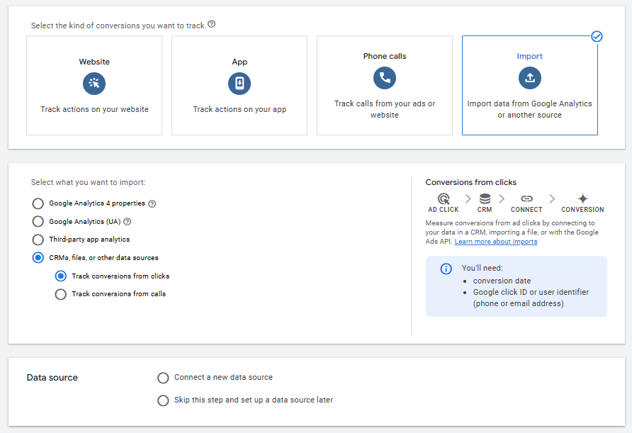Google Ads conversion tracking setup showing Import option selected for tracking conversions from clicks