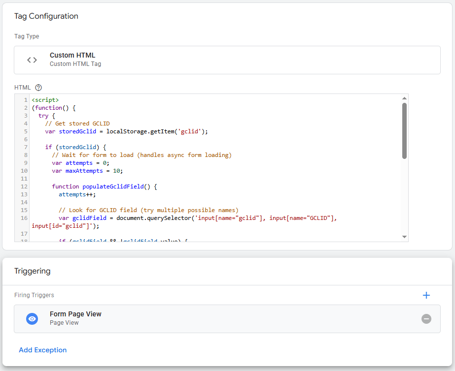 Google Tag Manager custom HTML tag with JavaScript to auto-populate GCLID form fields, triggered on form page views
