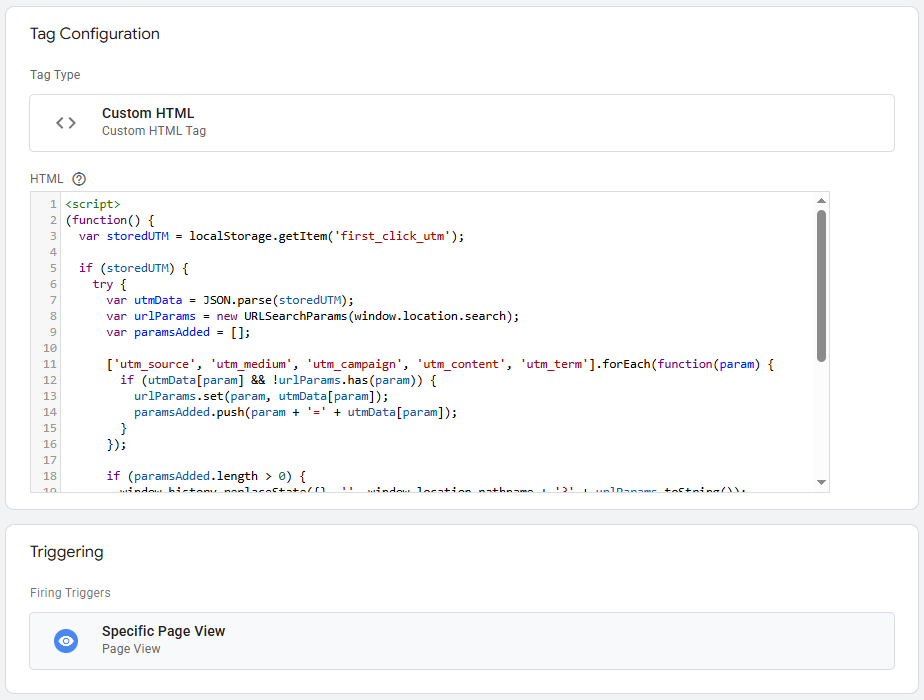 Google Tag Manager custom HTML tag setup for inserting stored UTM parameters into URL on specific page views for form attribution