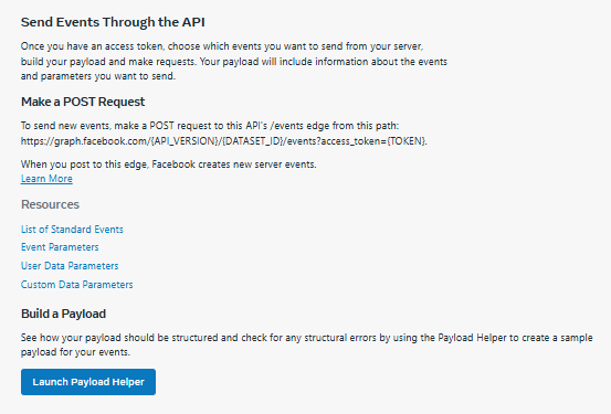 Meta Conversions API documentation page showing API endpoint, POST request instructions, and Launch Payload Helper button for building event payloads