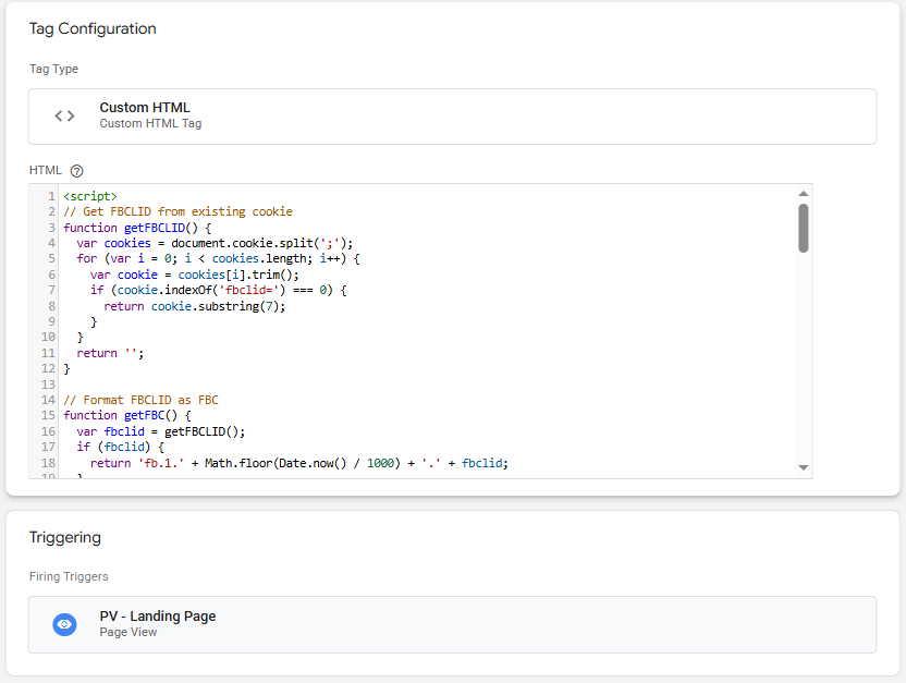 Google Tag Manager Custom HTML tag configuration showing JavaScript code for Facebook tracking parameter capture with line numbers and syntax highlighting
