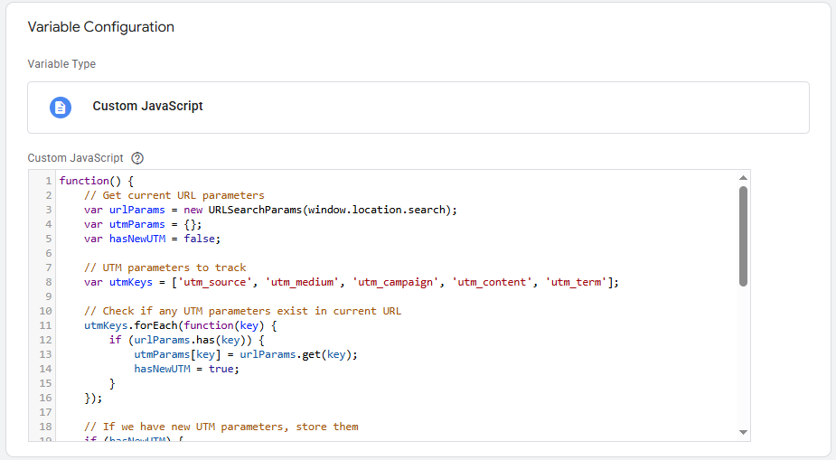 Custom JavaScript variable configuration in Google Tag Manager for storing UTM parameters with detailed code implementation