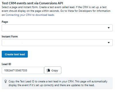 Meta Test Events interface for CRM testing showing Page and Instant Form dropdowns, 'Create test lead' button, and generated Lead ID with copy functionality