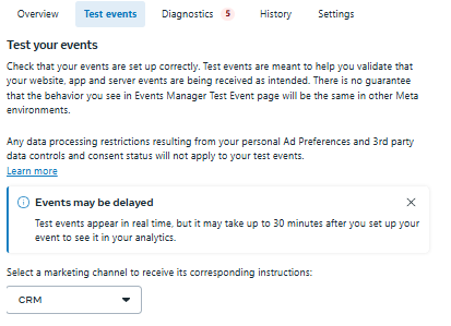 Meta Events Manager Test Events tab showing CRM testing interface with dropdown to select marketing channel and test event validation message