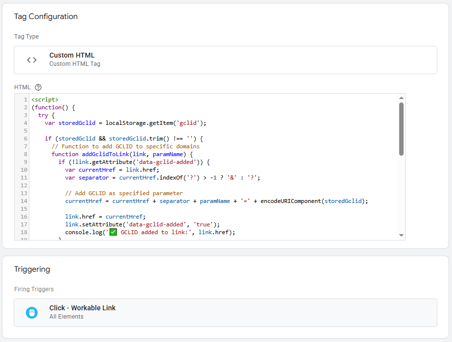 Google Tag Manager custom HTML tag code for adding GCLID to external links with click trigger for Workable links