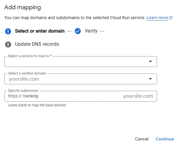 Google Cloud Run interface showing domain mapping setup for server-side GTM with custom subdomain tracking.