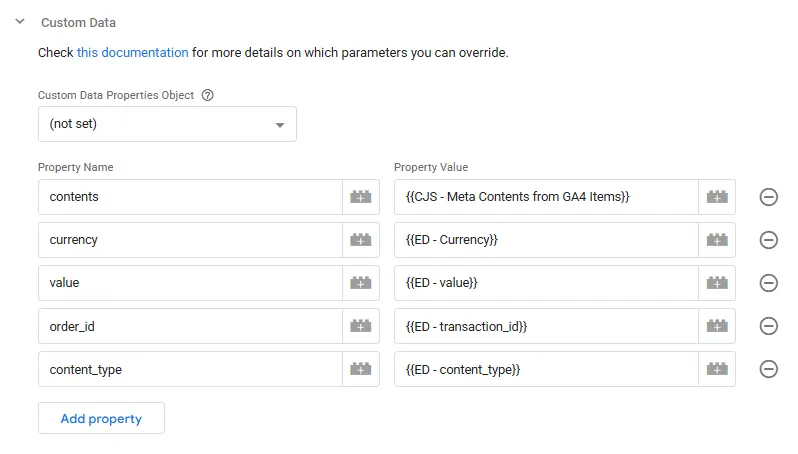 Meta CAPI tag ‘Custom Data’ mapping: contents, currency, value, order_id, content_type, fbc, and fbp to sGTM variables