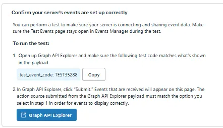 Meta Events Manager ‘Test Events’ panel showing generated test_event_code for verifying server CAPI events.