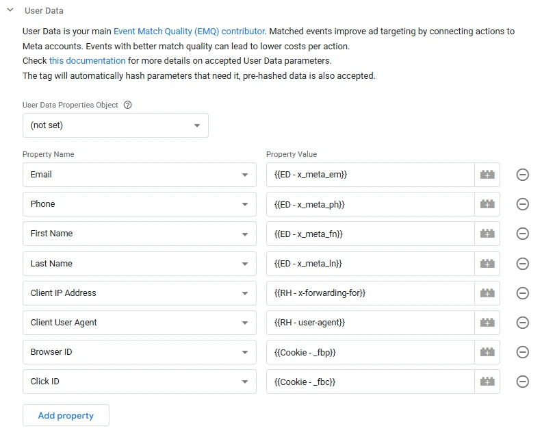 Meta CAPI tag ‘User Data’ mapping: hashed email/phone, first/last name, client IP, user agent, browser ID (fbp), and click ID (fbc).
