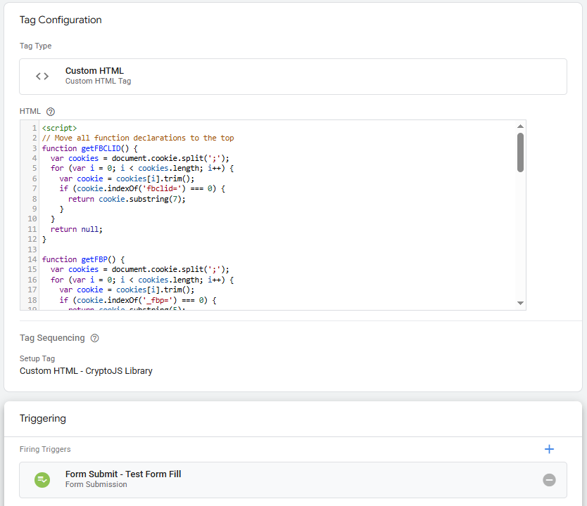 Custom HTML tag in Google Tag Manager displaying JavaScript code for SHA-256 customer data hashing with form submission trigger