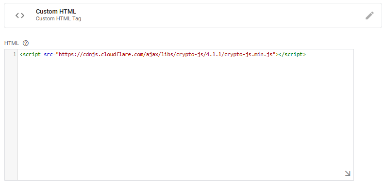 Google Tag Manager Custom HTML tag setup showing CryptoJS SHA-256 library implementation for customer data hashing