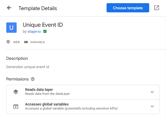 GTM Template Gallery page for ‘Unique Event ID’ (Stape) variable that generates a stable event_id; permissions: reads data layer and accesses global variables