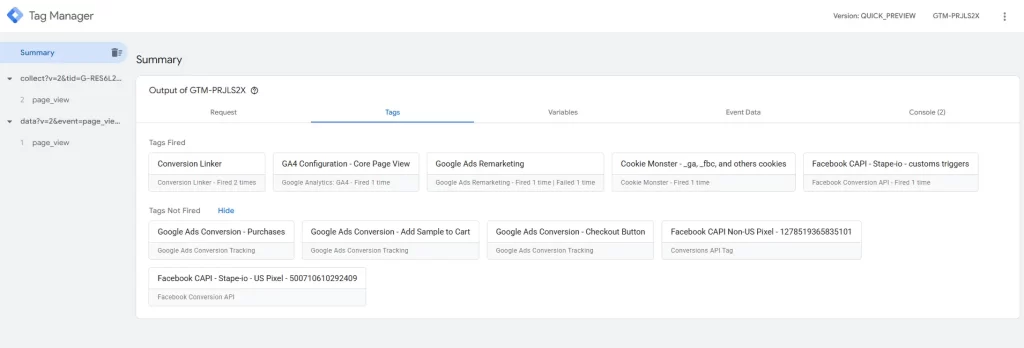 Server GTM Preview summary showing GA4 client intake and Facebook CAPI tag firing on a page_view request