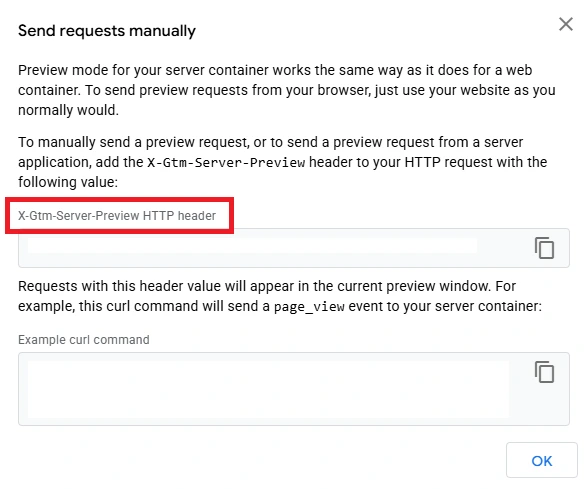 Server-side Google Tag Manager preview mode with X-Gtm-Server-Preview HTTP header for manual request testing