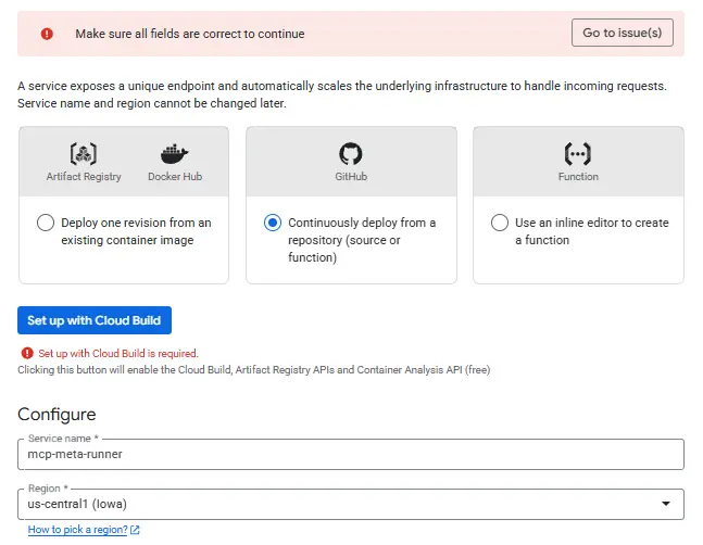 Cloud Run service setup choosing continuous deploy from GitHub for mcp-meta-runner in us-central1