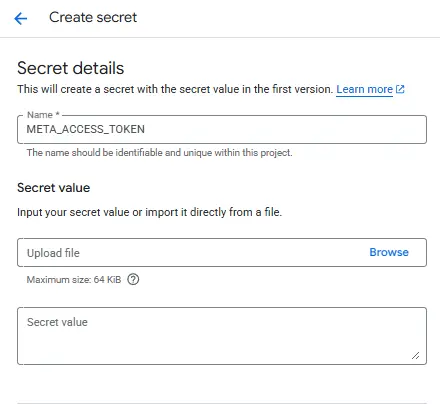 Google Cloud Secret Manager creating META_ACCESS_TOKEN secret for Meta Ads MCP server