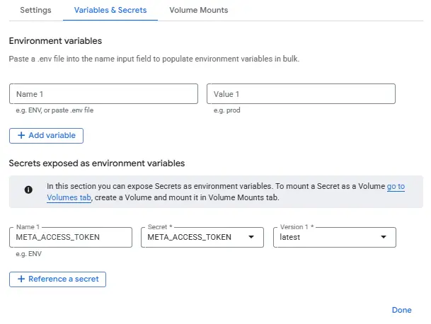Cloud Run Variables & Secrets exposing META_ACCESS_TOKEN as an environment variable for MCP service