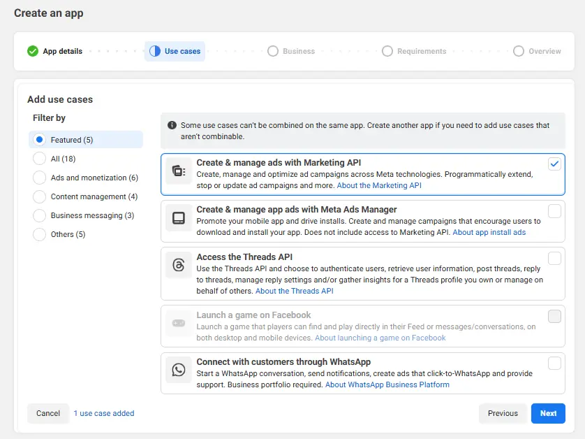 Meta Developer dashboard selecting ‘Create & manage ads with Marketing API’ use case for MCP Meta Ads setup