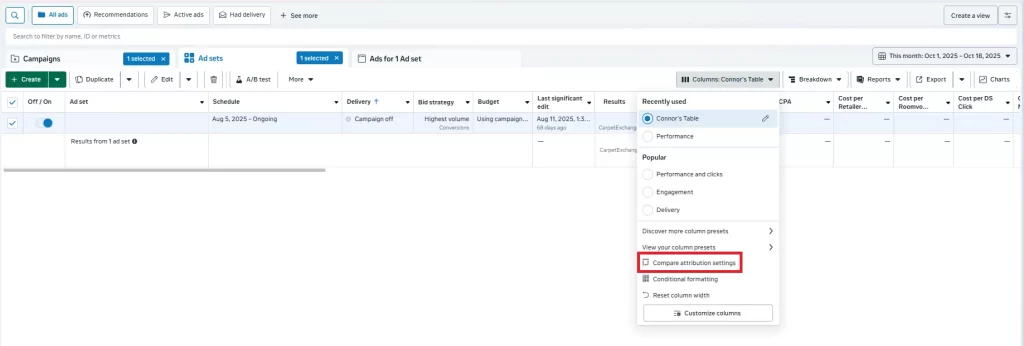 Meta Ads Manager column customization menu highlighting the “Compare Attribution Settings” option.