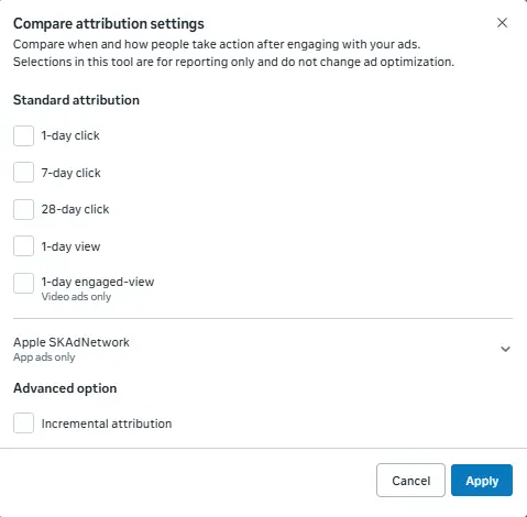 Meta Ads attribution comparison window showing selectable 1-day, 7-day, 28-day click, and view options.