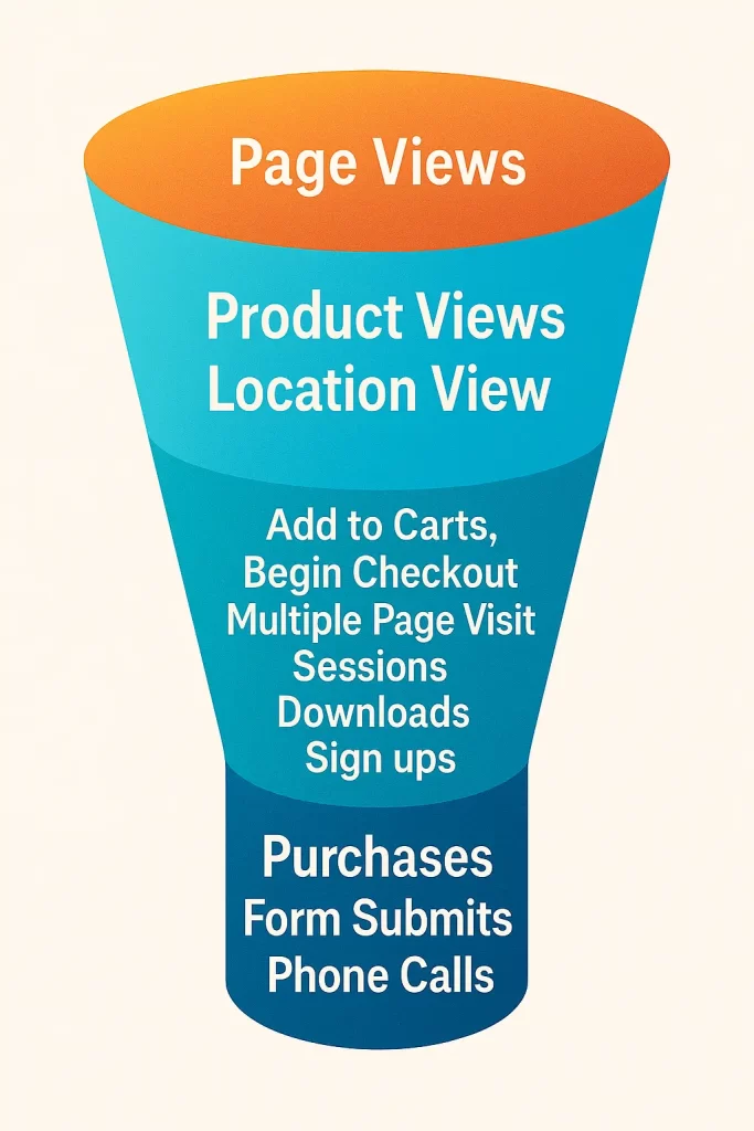 Funnel graphic showing user journey from page views and product views at the top to add-to-carts and purchases at the bottom, representing increasing intent as audience size decreases.