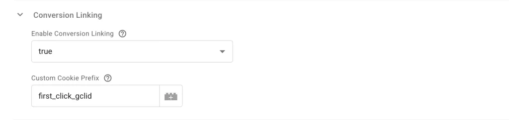 conversion linking setting where first click gclid parameter can be added