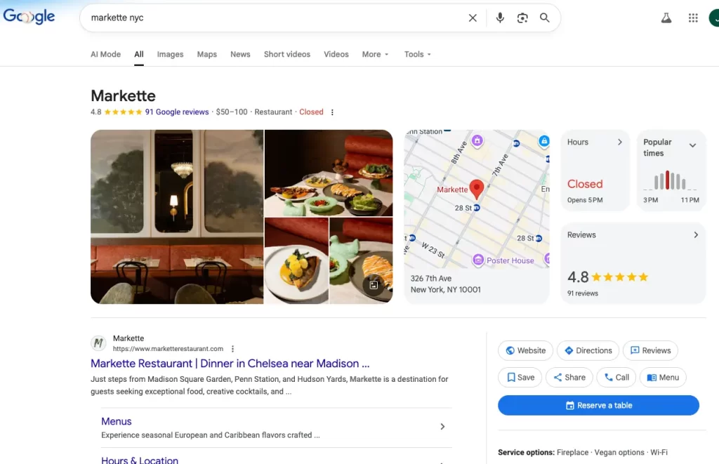 Screenshot of Google search results for “Markette NYC,” showing restaurant photos, map location, reviews, hours, and website links in the new Google Business profile layout.