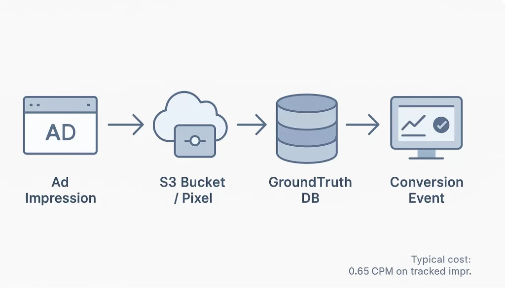 Linear data-flow diagram showing GroundTruth’s foot traffic attribution process: ad impression to S3 bucket or pixel, to GroundTruth database, to conversion event, ending with DSP reporting. Caption notes typical cost of $0.65 CPM on tracked impressions.