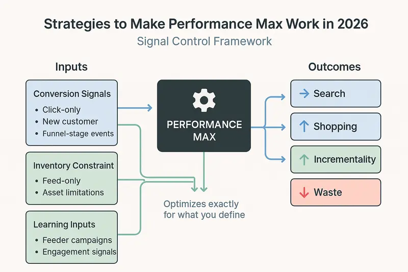 Diagram illustrating a Performance Max signal control framework, showing how conversion signals, inventory constraints, and feeder campaigns influence search, shopping, and incremental outcomes.