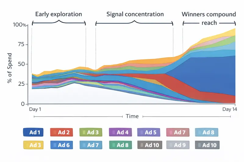 Stacked chart showing ad spend distribution over time, where early spend is evenly distributed across ads and gradually concentrates on a few top-performing creatives as others receive less spend.