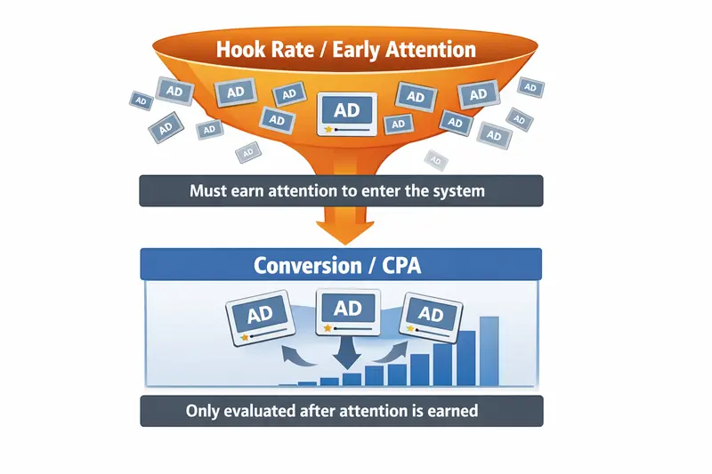 Funnel diagram showing ads filtered first by hook rate and early attention before conversion efficiency and CPA are evaluated downstream.
