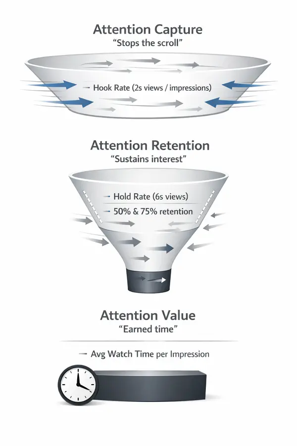 Inverted funnel diagram illustrating three stages of attention measurement: Attention Capture at the top with wide flow and hook-rate metrics, Attention Retention in the middle with narrowing flow and retention metrics, and Attention Value at the bottom represented as a solid block emphasizing average watch time per impression.