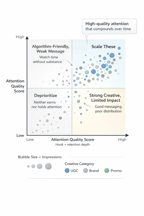 Scatter plot quadrant matrix comparing Attention Quality Score on the horizontal axis and Attention Value Score on the vertical axis, with four labeled quadrants for scaling decisions. Each dot represents an ad, with bubble size indicating impressions and color indicating creative type.