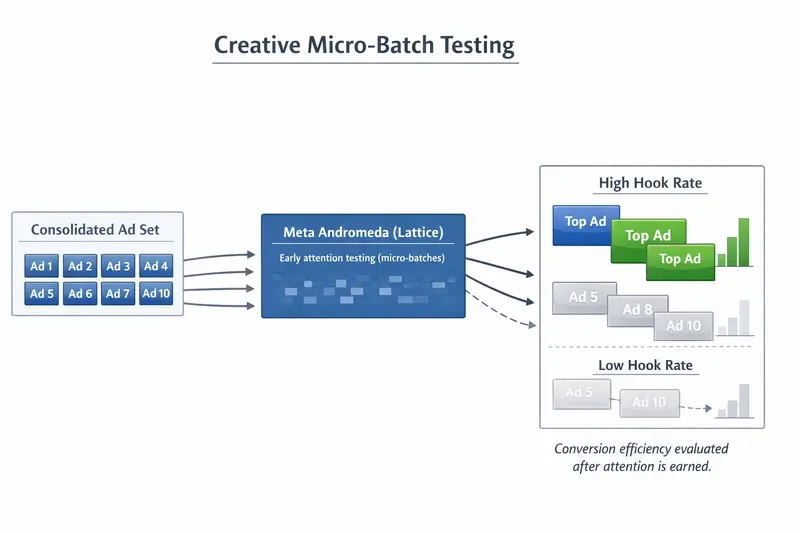 Diagram showing Meta Andromeda testing multiple ads from a consolidated ad set using micro-batches, then prioritizing high hook rate ads for greater distribution while deprioritizing low hook rate ads.