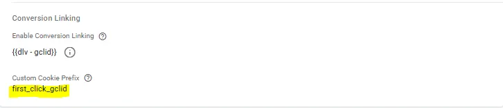 Google Ads conversion linking settings showing a custom cookie prefix configured for first-click GCLID tracking.