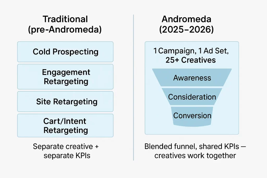 A side-by-side comparison of traditional Meta campaign structure versus the Andromeda model. The left side shows four separate ad sets for cold prospecting, engagement retargeting, site retargeting, and cart retargeting. The right side shows one campaign and one ad set with 25+ creatives flowing through a single blended funnel of awareness, consideration, and conversion.