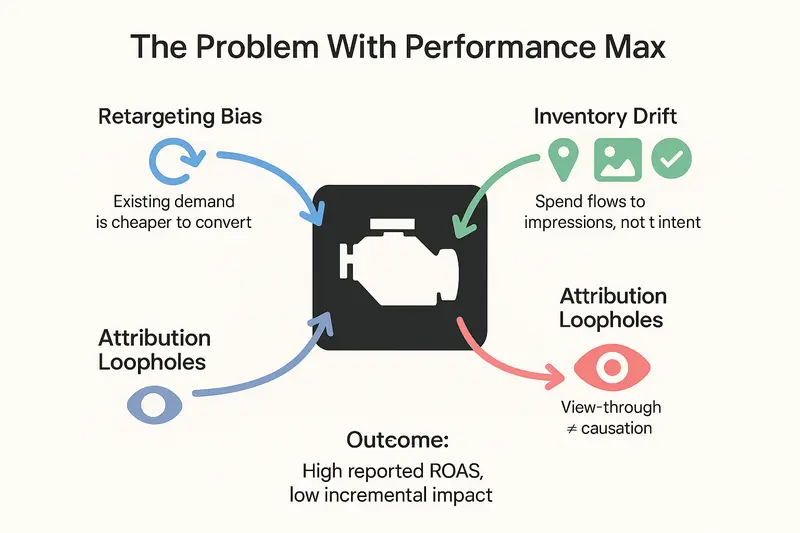 Diagram showing why Google Performance Max over-optimizes for retargeting, inventory drift, and view-through attribution, resulting in high reported ROAS but low incremental impact.