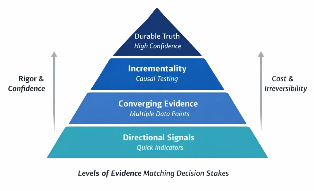 Pyramid diagram showing four levels of marketing evidence—Directional Signals, Converging Evidence, Incrementality, and Durable Truth—aligned to increasing decision stakes, cost, and confidence.